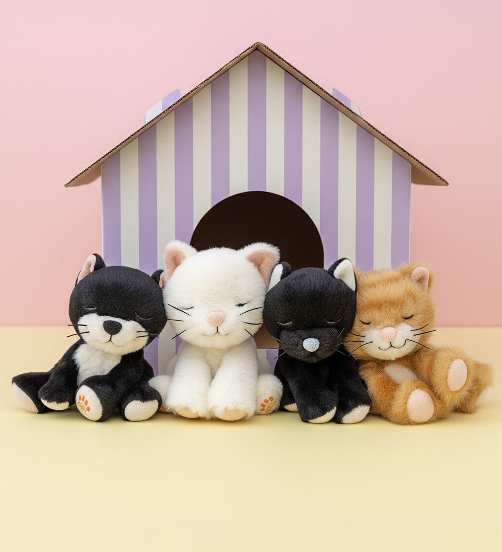 All Olli Ella binky kitten dolls standing in front of a cardboard shelter. These soft toy dolls are available at Babipur.