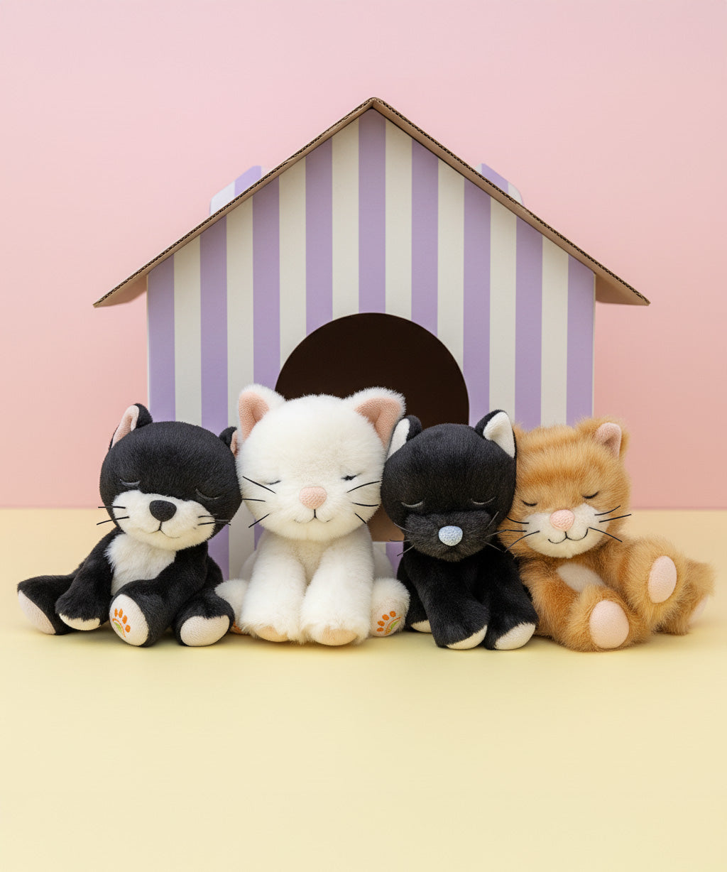 All Olli Ella binky kitten dolls standing in front of a cardboard shelter. These soft toy dolls are available at Babipur.