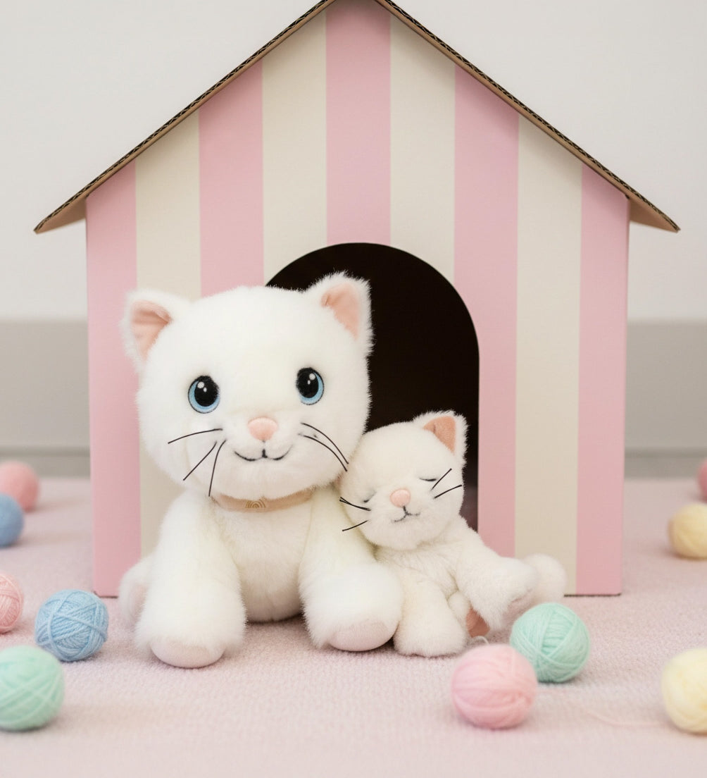 A Olli Ella Lux cat dinkum doll sitting next to Kiki the binky kitten doll with a cardboard shelter in the background. Both of these soft toy dolls are available at Babipur.