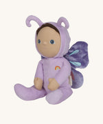 The Olli Ella Dinky Dinkum Doll - Betty Butterfly - in a light purple onesie, with brown hair, blue eyes, dark purple butterfly wings, and antennae.