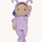 The Olli Ella Dinky Dinkum Doll - Betty Butterfly - in a light purple onesie, with brown hair, blue eyes, dark purple butterfly wings, and antennae.