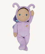 The Olli Ella Dinky Dinkum Doll - Betty Butterfly - in a light purple onesie, with brown hair, blue eyes, dark purple butterfly wings, and antennae.