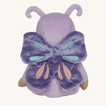 The back of the Olli Ella Dinky Dinkum Doll - Betty Butterfly - in a light purple onesie, with dark purple butterfly wings and antennae.
