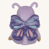 The back of the Olli Ella Dinky Dinkum Doll - Betty Butterfly - in a light purple onesie, with dark purple butterfly wings and antennae.