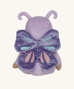 The back of the Olli Ella Dinky Dinkum Doll - Betty Butterfly - in a light purple onesie, with dark purple butterfly wings and antennae.