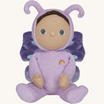 The Olli Ella Dinky Dinkum Doll - Betty Butterfly - in a light purple onesie, with brown hair, blue eyes, dark purple butterfly wings, and antennae.