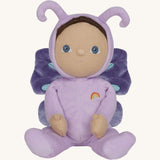 The Olli Ella Dinky Dinkum Doll - Betty Butterfly - in a light purple onesie, with brown hair, blue eyes, dark purple butterfly wings, and antennae.