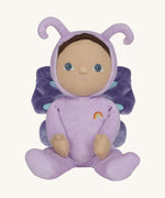 The Olli Ella Dinky Dinkum Doll - Betty Butterfly - in a light purple onesie, with brown hair, blue eyes, dark purple butterfly wings, and antennae.