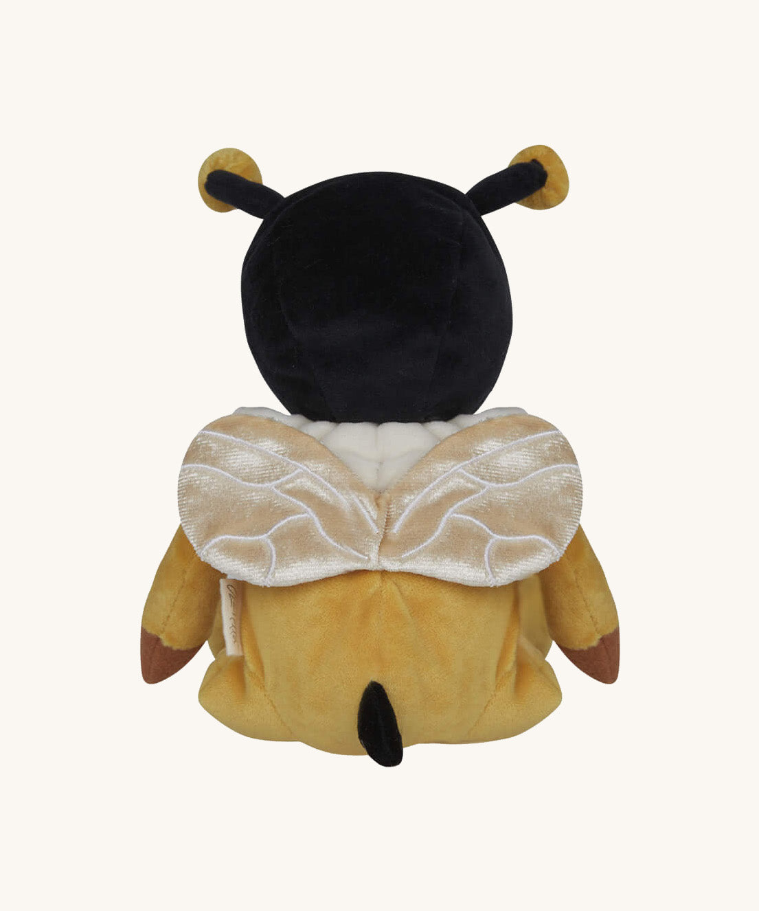 The back of the Olli Ella Dinky Dinkum Doll - Billie Bumblebee - in a yellow onesie with a black hood and antennae and buzzy bee wings.