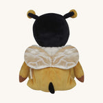 The back of the Olli Ella Dinky Dinkum Doll - Billie Bumblebee - in a yellow onesie with a black hood and antennae and buzzy bee wings.