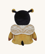 The back of the Olli Ella Dinky Dinkum Doll - Billie Bumblebee - in a yellow onesie with a black hood and antennae and buzzy bee wings.
