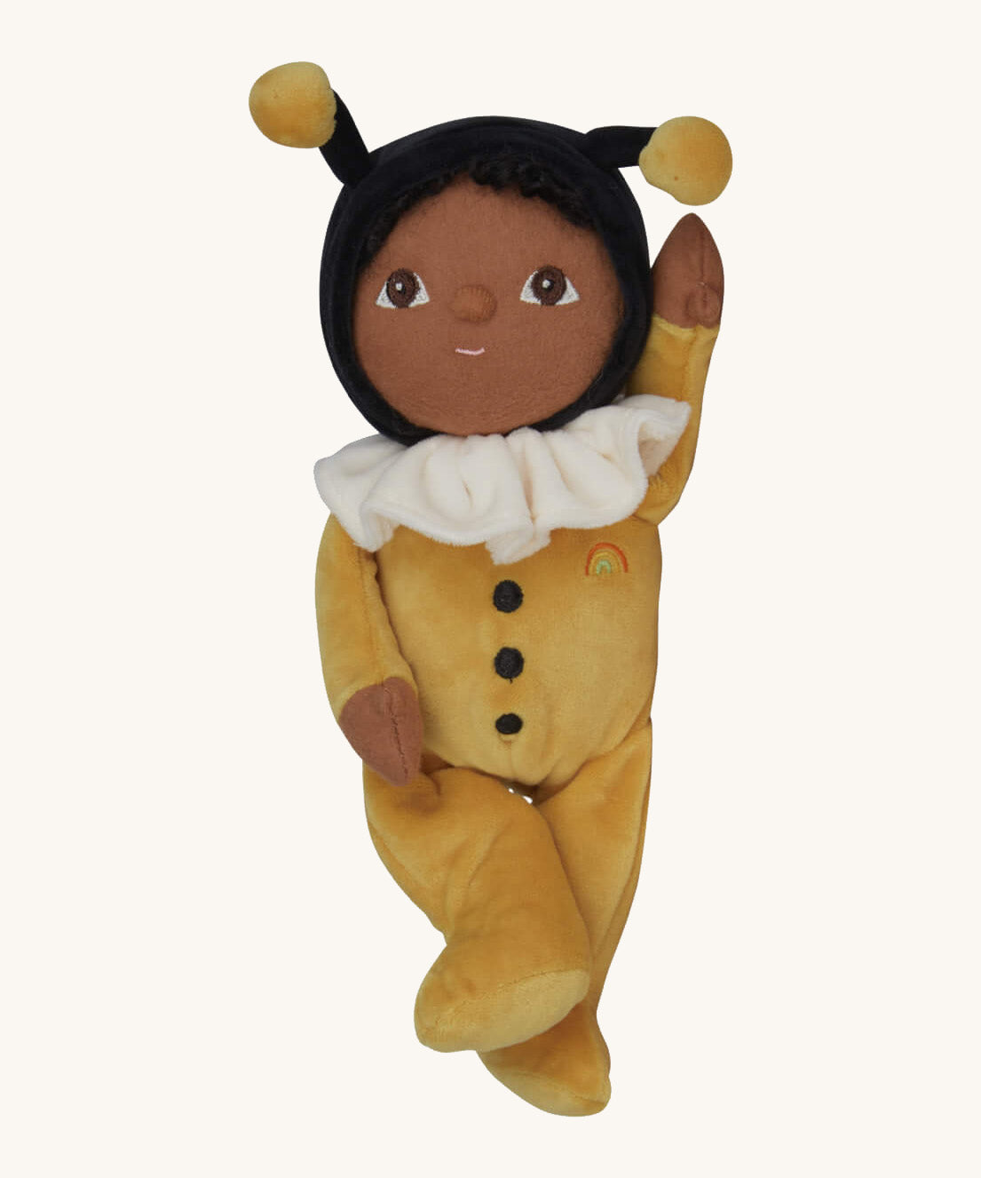 The Olli Ella Dinky Dinkum Doll - Billie Bumblebee - in a yellow onesie with a black hood and antennae, with a white ruffled collar, brown eyes, and buzzy bee wings.