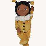 The Olli Ella Dinky Dinkum Doll - Billie Bumblebee - in a yellow onesie with a black hood and antennae, with a white ruffled collar, brown eyes, and buzzy bee wings.