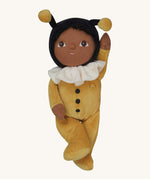 The Olli Ella Dinky Dinkum Doll - Billie Bumblebee - in a yellow onesie with a black hood and antennae, with a white ruffled collar, brown eyes, and buzzy bee wings.