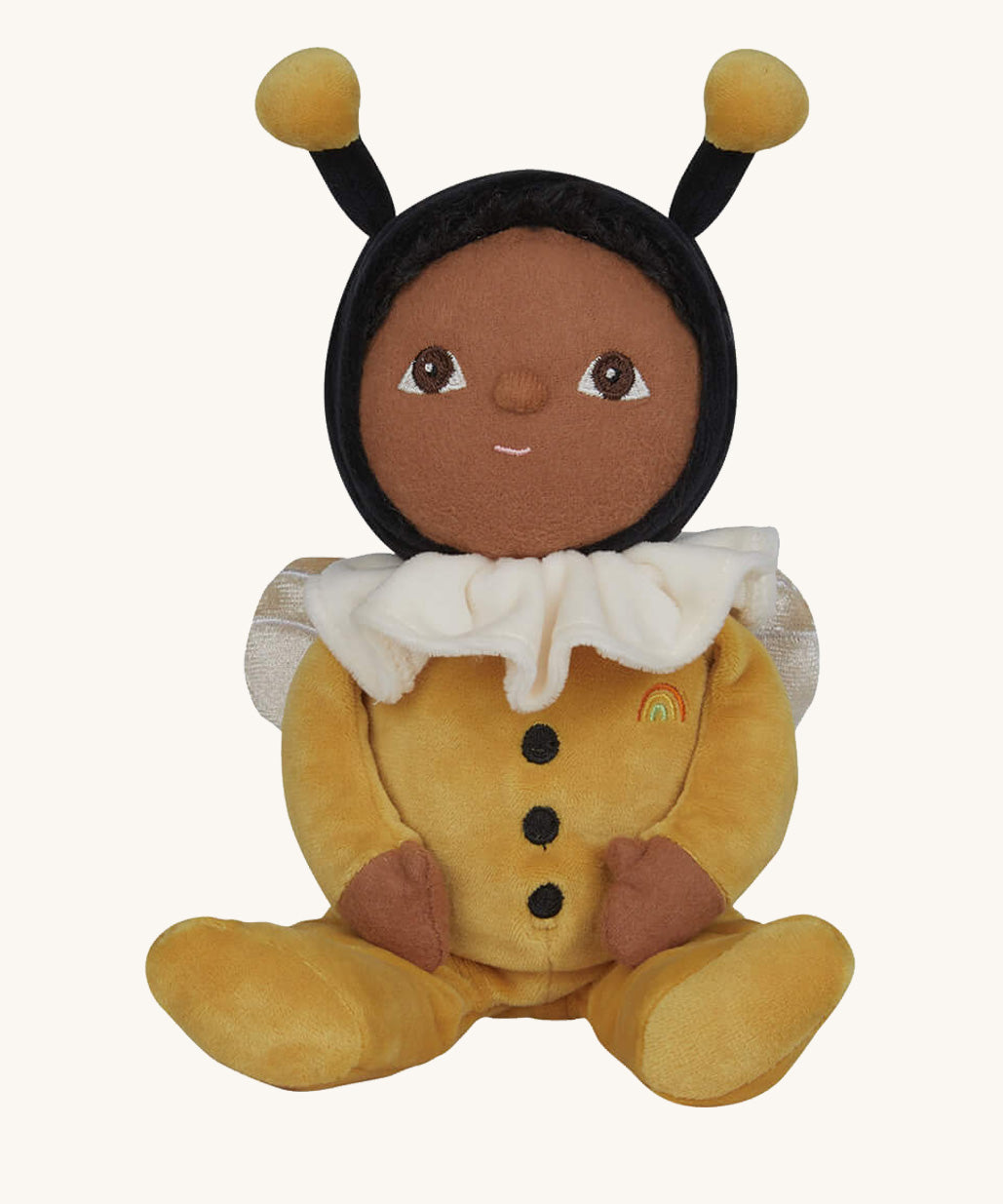 The Olli Ella Dinky Dinkum Doll - Billie Bumblebee - in a yellow onesie with a black hood and antennae, with a white ruffled collar, brown eyes, and buzzy bee wings.