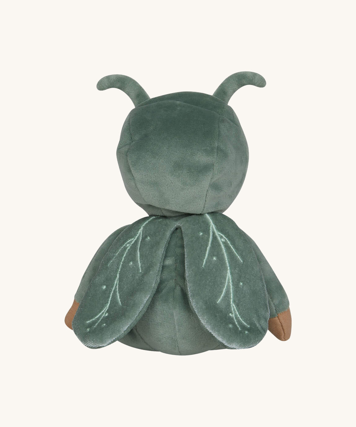 The back of the Olli Ella Dinky Dinkum Doll - Gideon Grasshopper - in a green onesie, with grasshopper wings and antennae.