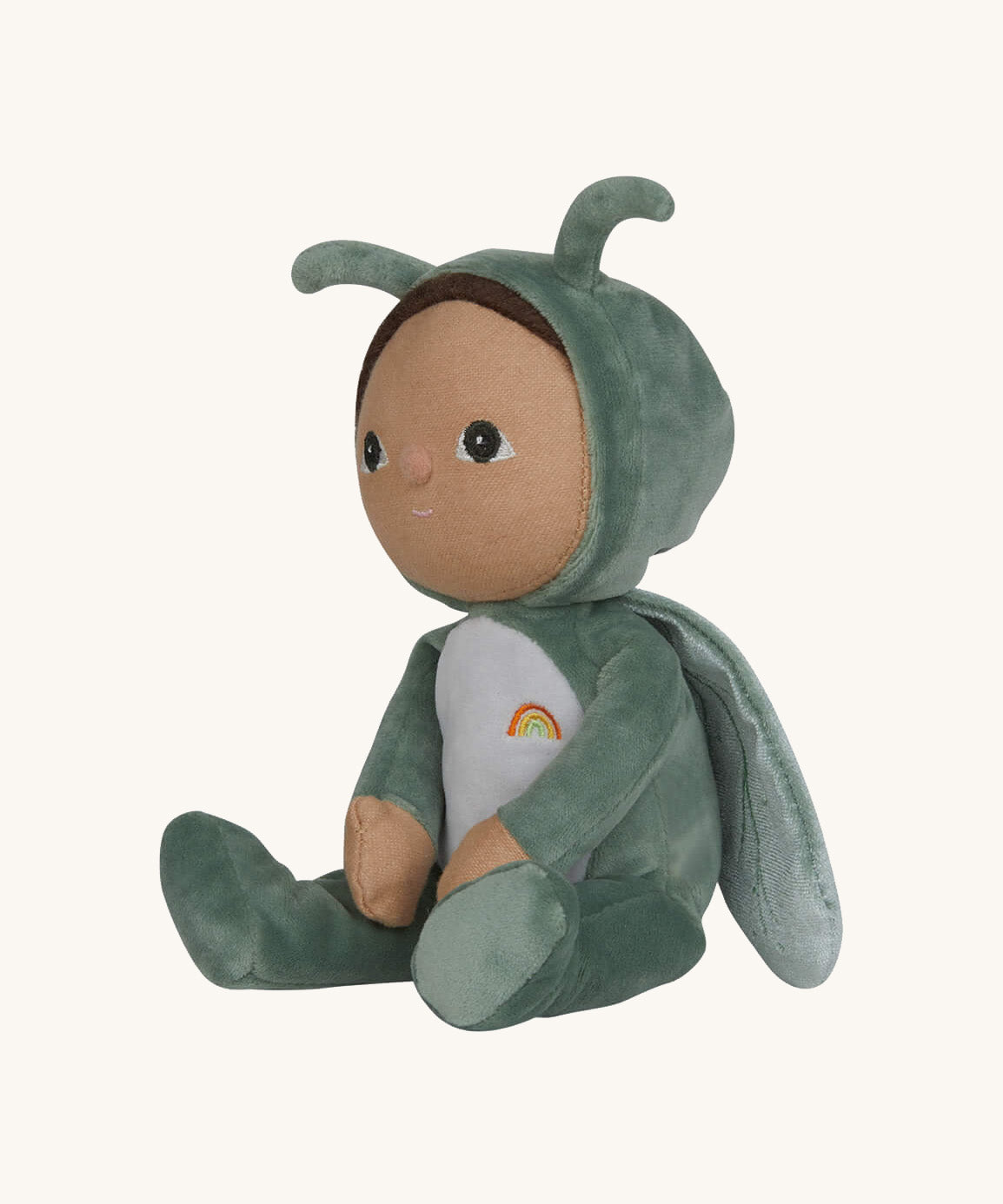 The Olli Ella Dinky Dinkum Doll - Gideon Grasshopper - in a green onesie, with dark brown hair, dark green eyes, grasshopper wings, and antennae.