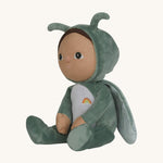 The Olli Ella Dinky Dinkum Doll - Gideon Grasshopper - in a green onesie, with dark brown hair, dark green eyes, grasshopper wings, and antennae.