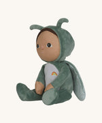 The Olli Ella Dinky Dinkum Doll - Gideon Grasshopper - in a green onesie, with dark brown hair, dark green eyes, grasshopper wings, and antennae.