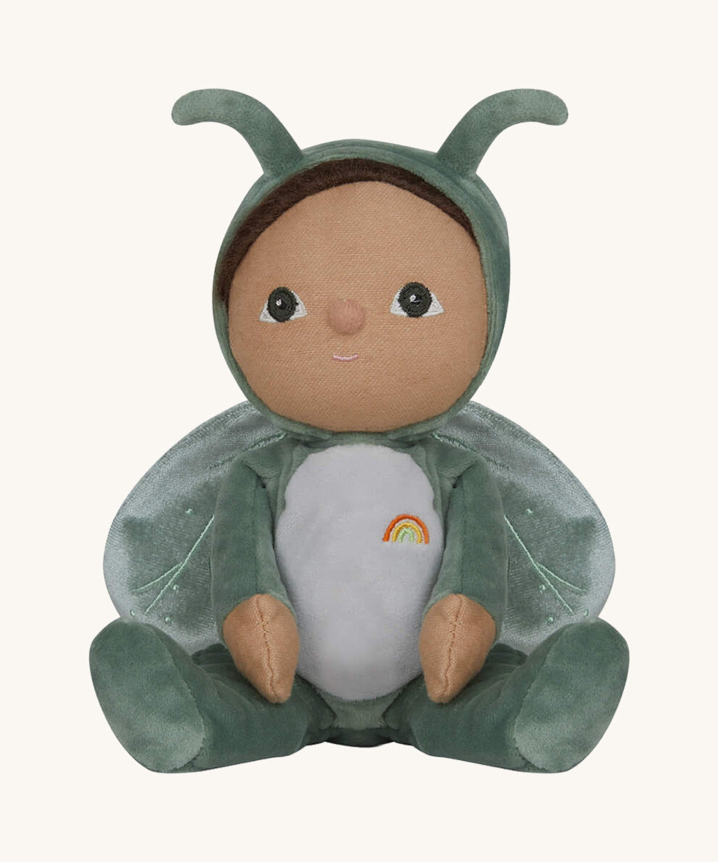 The Olli Ella Dinky Dinkum Doll - Gideon Grasshopper - in a green onesie, with dark brown hair, dark green eyes, grasshopper wings, and antennae.