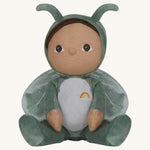 The Olli Ella Dinky Dinkum Doll - Gideon Grasshopper - in a green onesie, with dark brown hair, dark green eyes, grasshopper wings, and antennae.