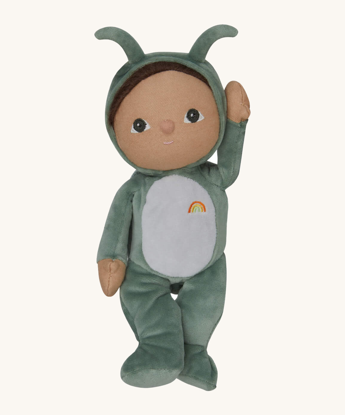 The Olli Ella Dinky Dinkum Doll - Gideon Grasshopper - in a green onesie, with dark brown hair, dark green eyes, grasshopper wings, and antennae.