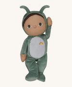 The Olli Ella Dinky Dinkum Doll - Gideon Grasshopper - in a green onesie, with dark brown hair, dark green eyes, grasshopper wings, and antennae.