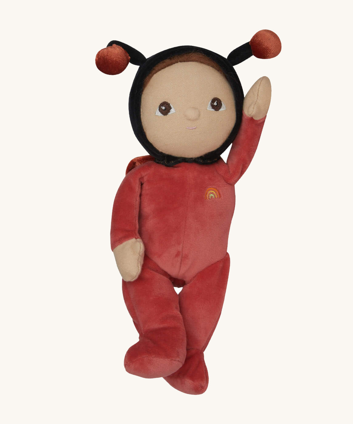The Olli Ella Dinky Dinkum Doll - Lola Ladybug - in a red onesie with a black hood, brown hair and eyes, spotty ladybird wings, and antennae.