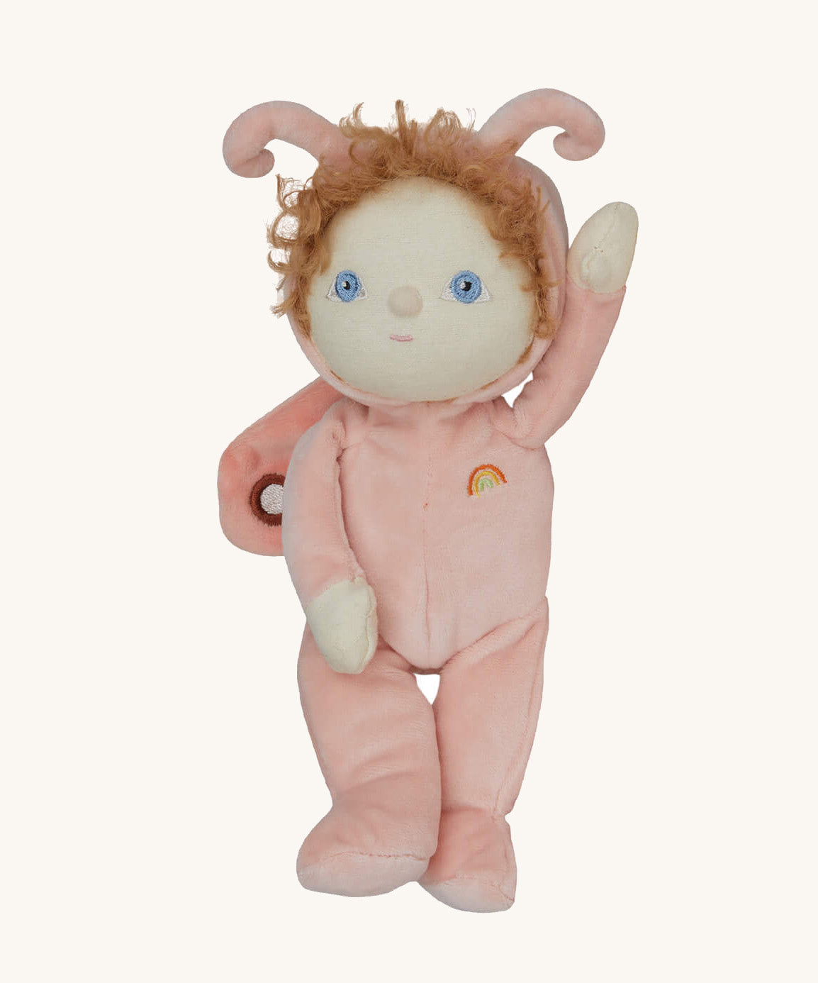 The Olli Ella Dinky Dinkum Doll - Millie Moth - with a peach coloured onesie, moth wings, curly ginger hair, and antennae.