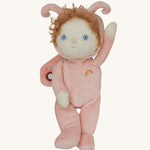 The Olli Ella Dinky Dinkum Doll - Millie Moth - with a peach coloured onesie, moth wings, curly ginger hair, and antennae.