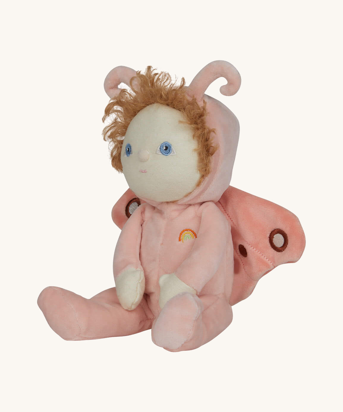 The Olli Ella Dinky Dinkum Doll - Millie Moth - with a peach coloured onesie, moth wings, curly ginger hair, and antennae.