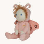 The Olli Ella Dinky Dinkum Doll - Millie Moth - with a peach coloured onesie, moth wings, curly ginger hair, and antennae.