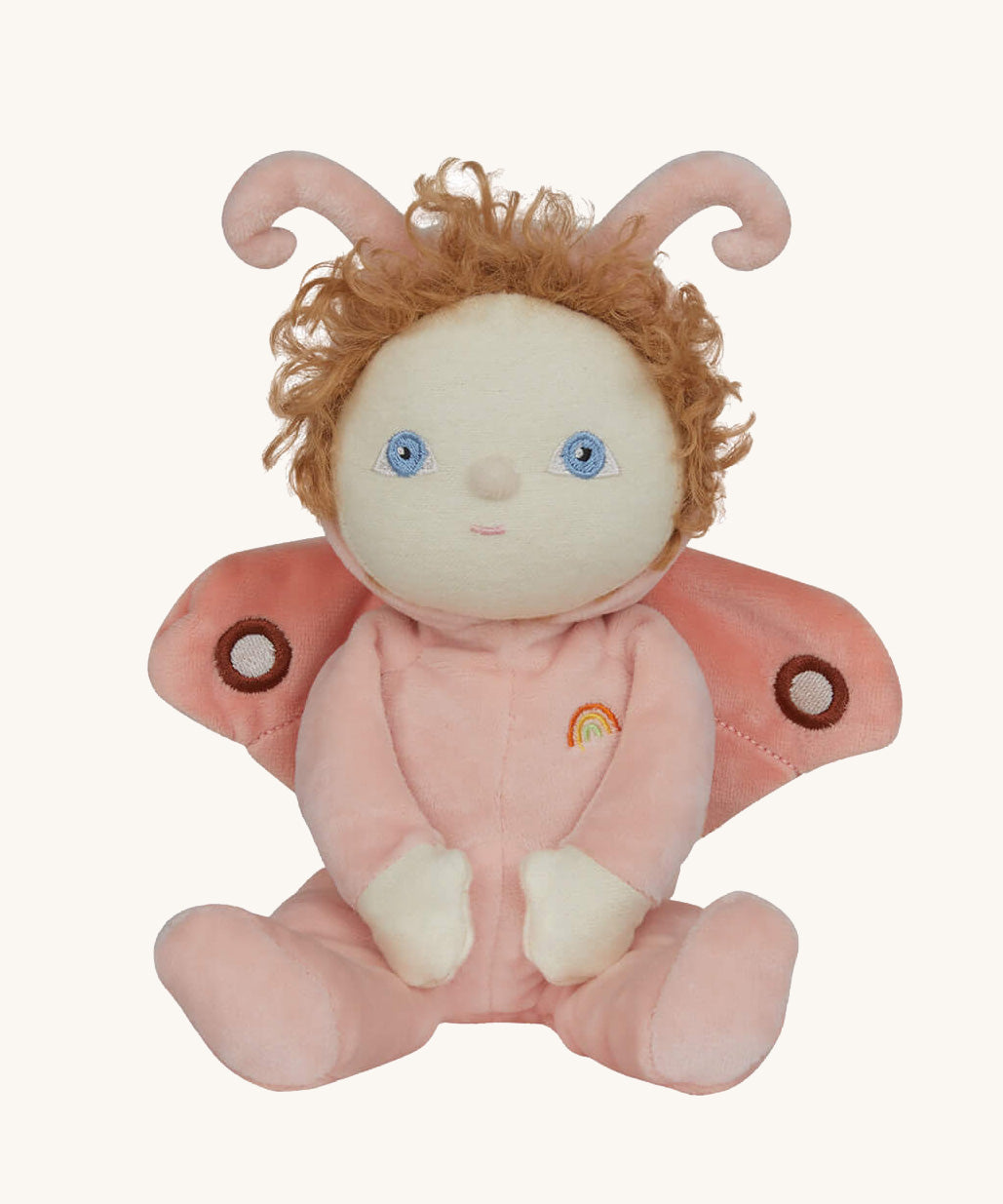 The Olli Ella Dinky Dinkum Doll - Millie Moth - with a peach coloured onesie, moth wings, curly ginger hair, and antennae.