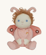 The Olli Ella Dinky Dinkum Doll - Millie Moth - with a peach coloured onesie, moth wings, curly ginger hair, and antennae.