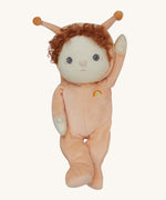 The Olli Ella Dinky Dinkum Doll - Scottie Snail - in a soft light orange onesie with curly red hair, a snail shell on his back, and antennae.