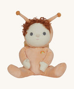 The Olli Ella Dinky Dinkum Doll - Scottie Snail - in a soft light orange onesie with curly red hair, a snail shell on his back, and antennae.