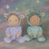 Olli Ella Dante the dragon dinky dinkum doll sitting next to duffy the dragon with a dreamy starry background