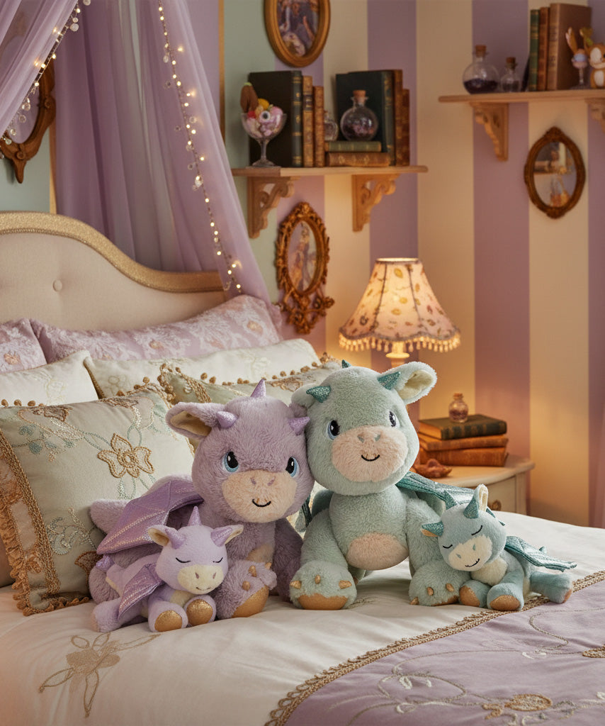 All Olli Ella dragon dolls standing on a bed in a fairytale inspired bedroom. These two dragons are available at Babipur.