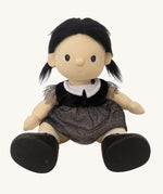An Olli Ella Wendy Witch dream Dinkum doll in a seated position shown without her hat. A dinkum doll with a black dress, witches hat, black shoes and a magnetic broom accessory. This doll is part of Olli Ella's Halloween collection available here at Babipur.