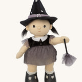 Olli Ella Wendy Witch dream Dinkum doll. A dinkum doll with a black dress, witches hat, black shoes and a magnetic broom accessory. This doll is part of Olli Ella's Halloween collection available here at Babipur.