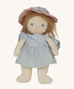 Penelope Petals Dress Me Dinky Dinkum Doll standing with her blue floral dress, pink hat, and gingham blanket bag from Olli Ella.