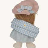 Back view of Olli Ella Penelope Petals Dinky Dinkum Doll wearing pink sunhat and carrying her blue gingham picnic blanket.