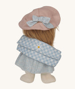 Back view of Olli Ella Penelope Petals Dinky Dinkum Doll wearing pink sunhat and carrying her blue gingham picnic blanket.