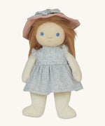 Olli Ella Dress Me Dinky Dinkum Doll Penelope Petals standing in her blue floral dress and pink sunhat with stylable long hair.