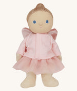 Olli Ella Dress Me Dinky Doll - Mia Melody, wearing a pink tulle tutu, cardigan, and embroidered velvet fairy wings. Cream background.