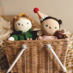 Two Olli Ella Dress Me Dinky's in a woven basket.