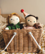 Two Olli Ella Dress Me Dinky's in a woven basket.