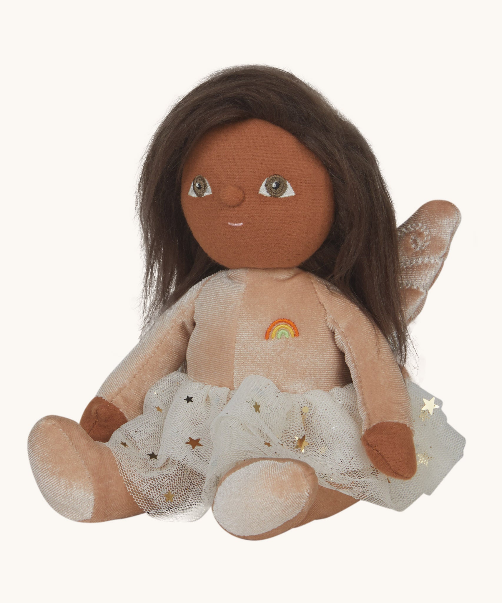 A side image of the Olli Ella Faye fairy dinky dinkum doll available at Babipur. Showing the glittery skirt detail
