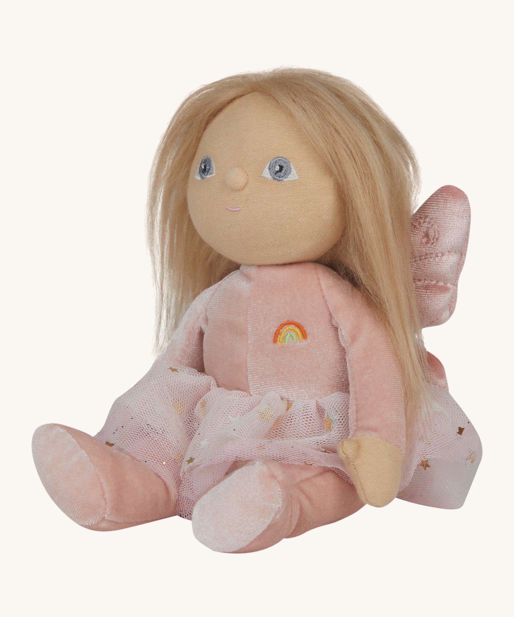 A side image of the Olli Ella Fiona fairy dinky dinkum doll available at Babipur. Showing the glittery skirt detail