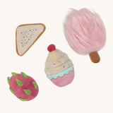 Olli Ella fairy food set available at Babipur. A set of 4 soft plush food items including a  cupcake, fairy bread, dragonfruit and candy floss
